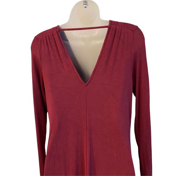 LA Relaxed Small Dress Long Sleeve Vneck Maroon Bodycon Stretch - Picture 10 of 10